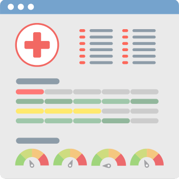 Dashboard interface showing a red cross symbol, multiple horizontal bar graphs, and circular gauges in green, yellow, and red. The layout resembles a healthcare monitoring or management system with assorted data visualizations.
