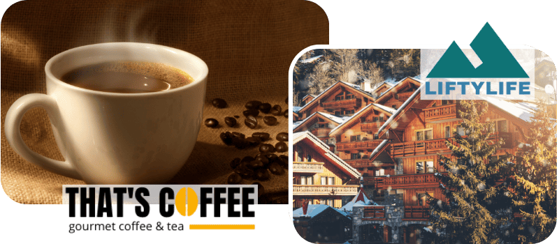 A steaming cup of coffee sits on a burlap surface surrounded by coffee beans with "That's Coffee" text partially visible. Next to it, a snowy mountain resort with wooden chalets and evergreen trees, displaying the "Liftylife" logo.