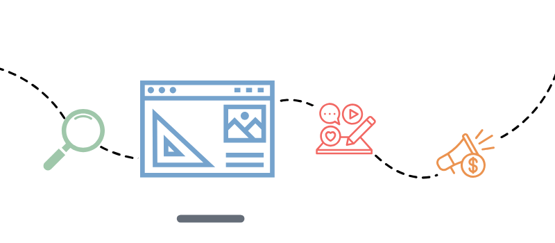 An illustration with four colored icons: a green magnifying glass, a blue web design template, a red pen with chat icons, and an orange megaphone with a dollar sign, representing different aspects of digital marketing or design.