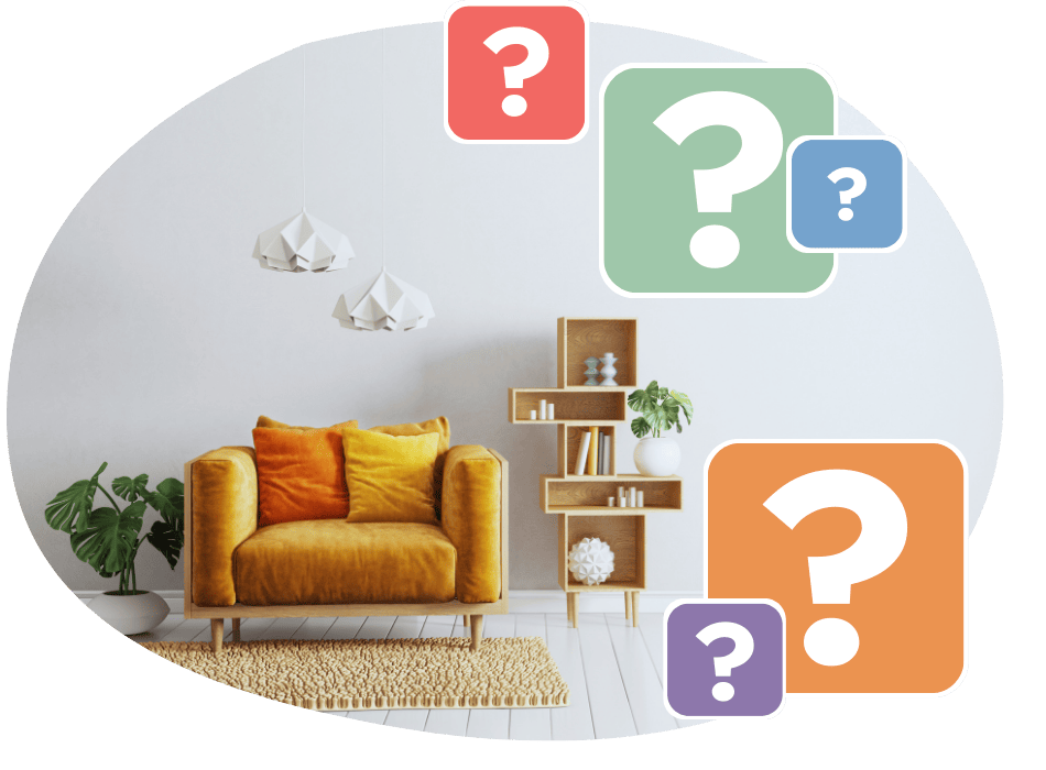 A cozy living room with a mustard yellow armchair, green plant, and modern shelves. Three pendant lights hang above, with colorful question mark icons overlaying the image.