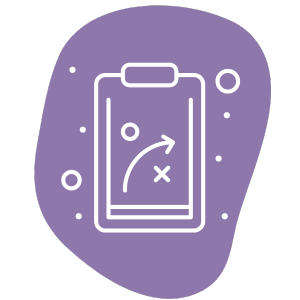 Illustration of a clipboard with a strategy diagram featuring arrows, circles, and an 'X'. It is set against a purple, irregularly shaped background with small dots scattered around.