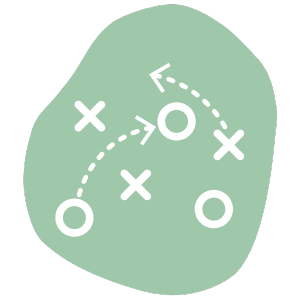 A green blob shape with white game strategy symbols featuring circles, crosses, and arrows depicting a plan or tactic.