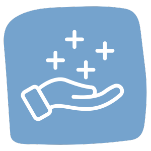 A white outline of an open hand facing upward with sparkling stars above it on a blue background.