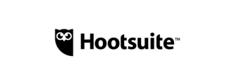 Hootsuite logo featuring a stylized owl face icon on the left and the word "Hootsuite" in black text on the right. The owl is black with white eyes, and the overall design is minimalist. The background is white.