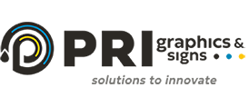 Logo of PRI Graphics & Signs featuring a stylized letter "P" with circular design elements. The text reads "PRI graphics & signs" and "solutions to innovate" below.