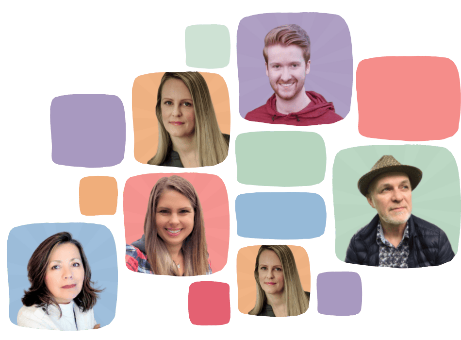 A collage featuring seven people with various colored backgrounds. Some are smiling, others have neutral expressions. A variety of shapes are used to frame each person, creating an artistic and colorful arrangement.