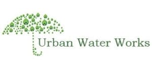 Logo of "Urban Water Works" with an umbrella formed by green water droplets on the left.