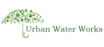 Logo of "Urban Water Works" with an umbrella formed by green water droplets on the left.