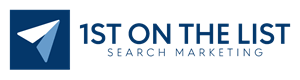 Logo of "1st on the List Search Marketing" featuring a stylized paper plane icon in a blue square on the left, followed by the company name in blue text.
