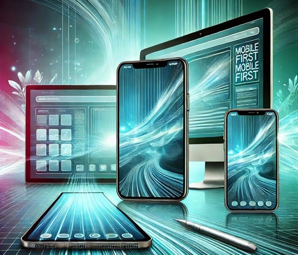 Digital illustration of multiple devices, including a smartphone, tablet, and desktop, displaying abstract blue wave designs. "Mobile First" is boldly visible on the desktop screen. A stylus lies in the foreground. The scene elegantly emphasizes cutting-edge mobile first website design principles.