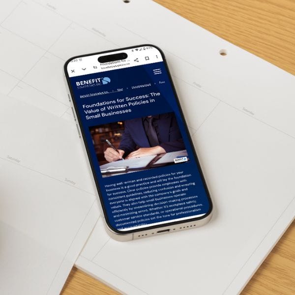 A smartphone displaying a webpage titled "Foundations for Success - The Value of Written Policies in Small Businesses" rests on a desk. The phone is on top of a white planner, with a wooden surface visible.