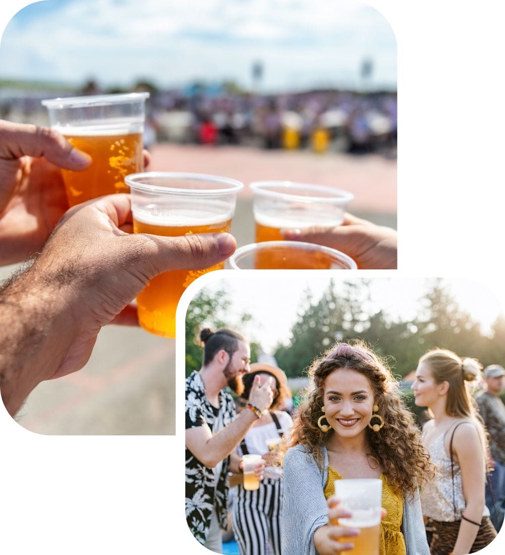 Two images: The first shows hands holding up plastic cups of beer outdoors with a blurred crowd in the background. The second features a happy woman with curly hair holding a beer, with people socializing in the background at an outdoor event.