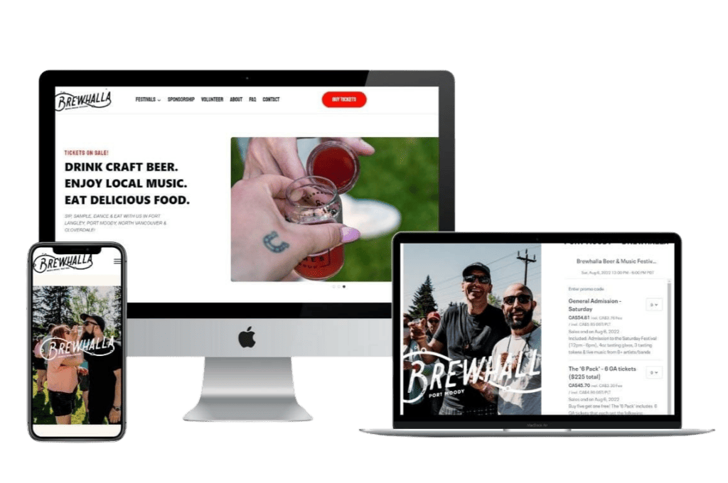 Responsive design mockup showing Brewhall website on a smartphone, desktop, and laptop. The site features a beer-themed homepage, event details, and musicians, highlighting craft beer, local music, and food.