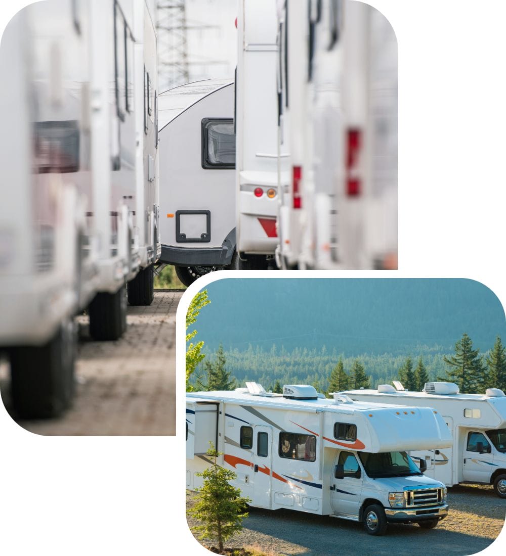 Top image: Multiple RVs parked closely in a row. Bottom image: Several RVs parked in a scenic outdoor setting with lush green trees and mountains in the background, under a clear sky.