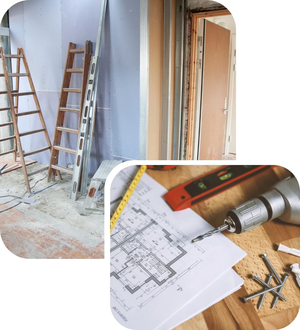 Two images: Top shows a room under construction with ladders and building materials. Bottom depicts a close-up of a floor plan, screws, a level, and a drill on a wooden surface, suggesting ongoing home renovation work.