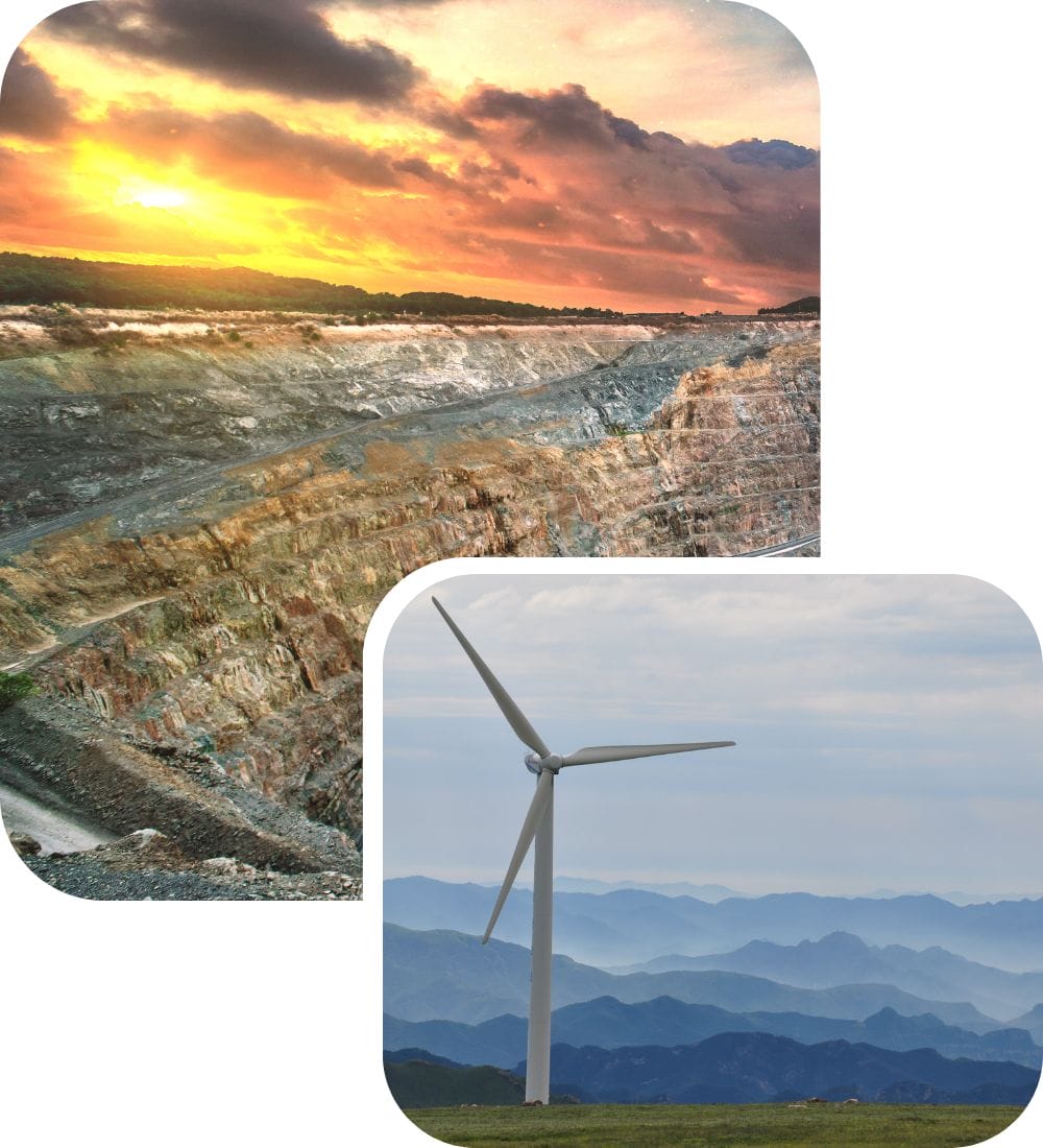 Dual images: The top shows a dramatic sunset over a vast, layered open-pit mine. The bottom features a wind turbine in the foreground with a backdrop of rolling blue mountains under a cloudy sky.
