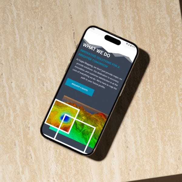 A smartphone on a marble surface displays a webpage titled "What We Do" with the text about innovative solutions. The screen shows a colorful geographic map and a button labeled "Request a Quote.
