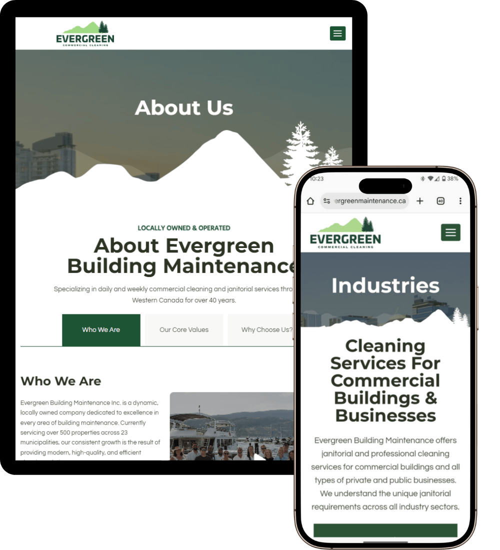 Two devices display the Evergreen Building Maintenance website. The tablet shows the "About Us" page, and the phone shows "Industries" with cleaning services for commercial buildings. Both feature a green and white color scheme with a mountain logo.