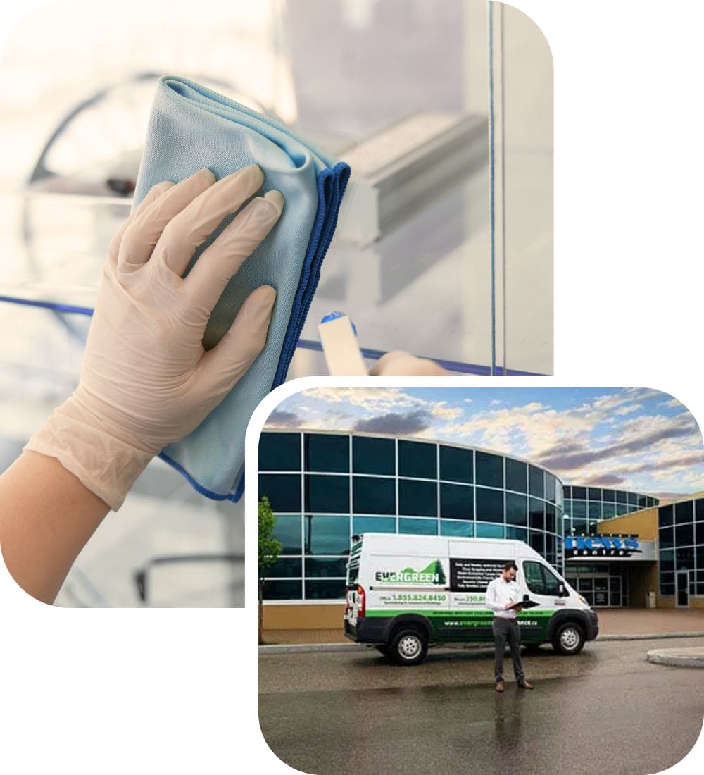 A person wearing a glove cleans a glass surface with a cloth. Below, a person stands next to a green and white van with text, in front of a modern glass building under a partly cloudy sky.