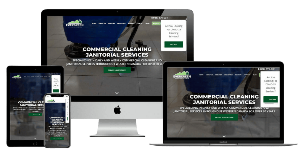 A website displayed on a desktop, laptop, tablet, and smartphone screen. The website, titled "Commercial Cleaning Janitorial Services," features a blue and white color scheme and advertises services available in Western Canada.