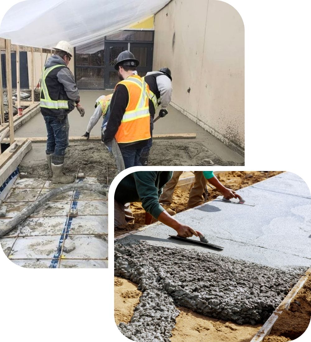 Construction workers wearing safety vests and helmets are pouring and smoothing concrete at a building site. One worker uses a tool to level the surface, while another oversees the process. The area is partially enclosed with wooden barriers.
