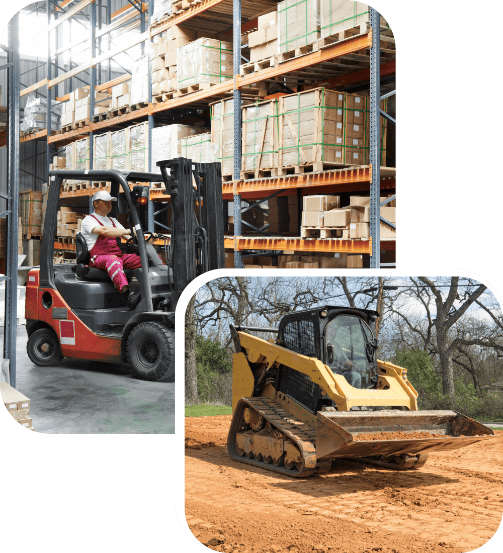 Warehouse worker operates a red forklift near stacked wooden pallets and boxes, while a yellow skid loader moves earth outdoors on a construction site.