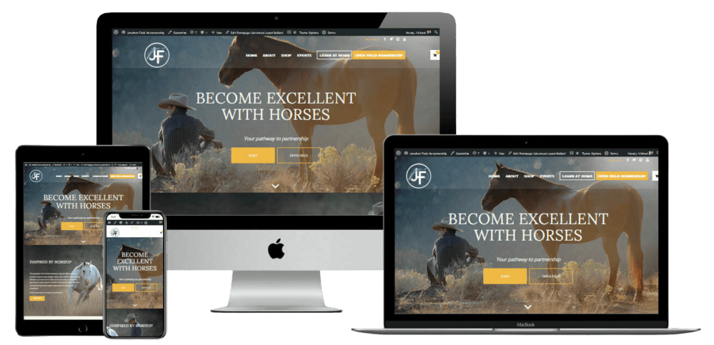 A responsive website design displayed on a smartphone, tablet, laptop, and desktop screen. The homepage features an image of a person and a horse with the text "Become Excellent with Horses.