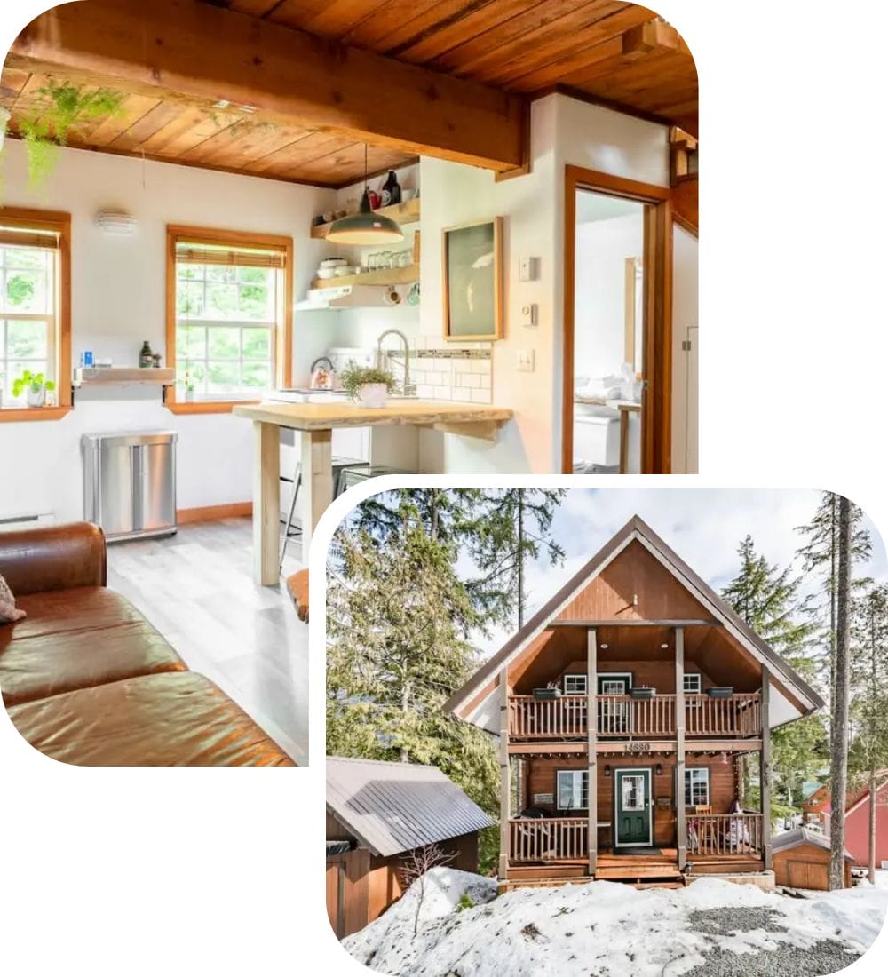 Cozy interior of a cabin with wooden beams, white walls, a kitchen area, and a brown leather couch. Inset image shows the cabin's exterior with a triangular roof, front porch, and surrounding snow and trees.