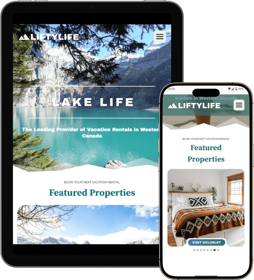 A tablet and smartphone display a vacation rental website with scenic lake and mountain imagery. The site features a header reading "Lifty Life," and sections for "Lake Life" and "Featured Properties.