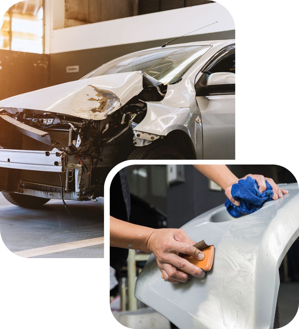 Top image shows a silver car with a damaged front end, parked in a garage. Bottom image shows hands using a sanding block and cloth on a car part for repair.