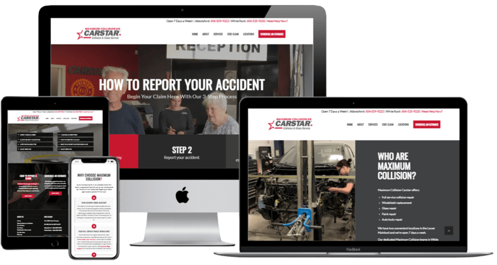 Various devices display a website for Maximum Collision CARSTAR. Screens show accident reporting steps, collision repair info, and contact details. A person working on a car is visible on one screen.