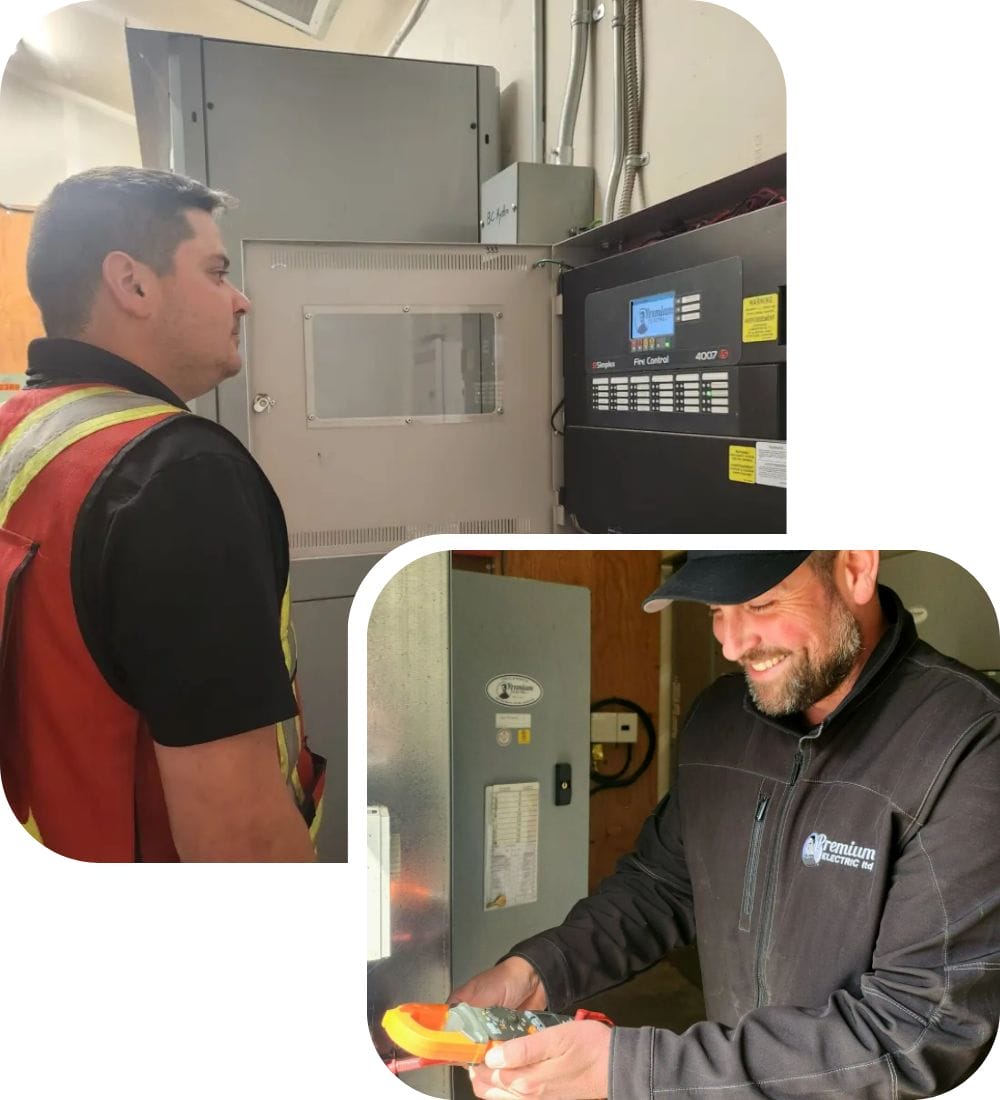 Top image: A person in a high-visibility vest examines an electrical panel. Bottom image: A smiling person in a branded jacket uses electrical tools near another panel. Both are engaged in maintenance work.