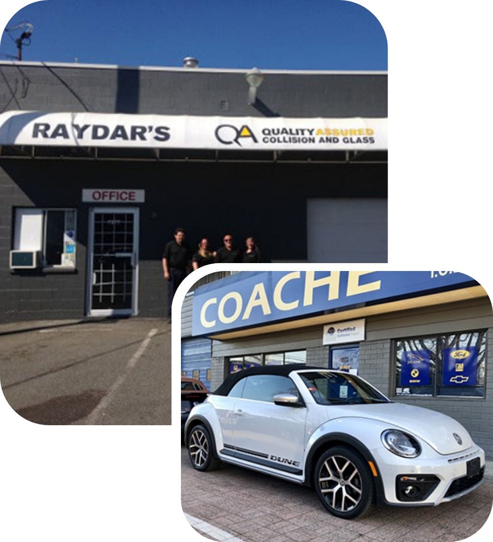 Top image: Raydar's Quality Assured Collision and Glass storefront with people standing outside. Bottom image: A white convertible car parked in front of a building with automotive service signs.