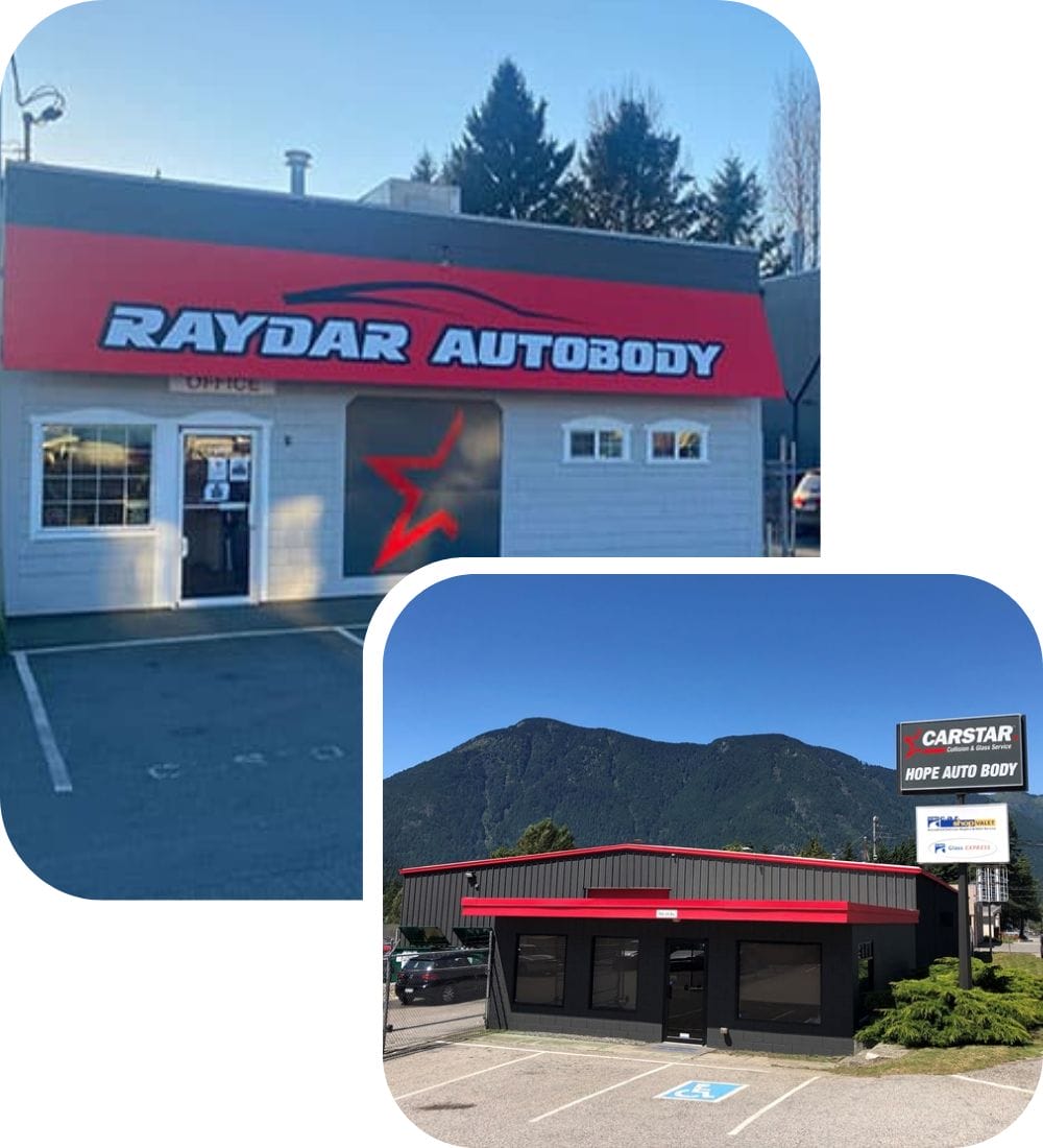Two images of auto body shops. The top shows "Raydar Autobody" with a red sign and office entrance. The bottom shows a "Carstar Hope Auto Body" building with a black and red exterior, mountain backdrop, and parking lot.