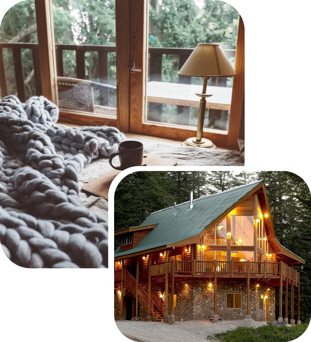 A cozy cabin scene with a knit blanket and coffee mug next to a lamp by a window. Below is an image of a two-story wooden cabin with a green roof, warmly lit, surrounded by trees in a wooded area.