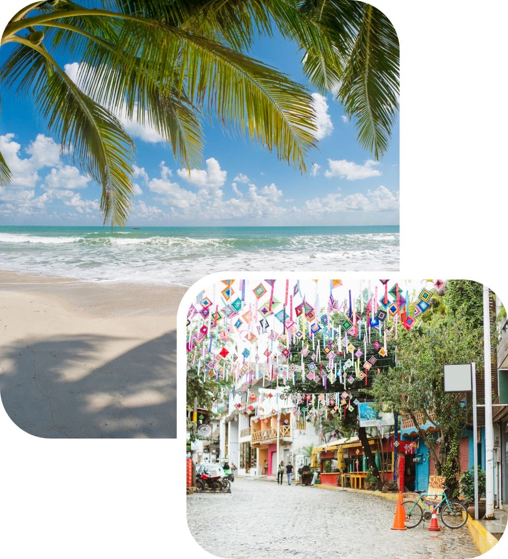 A split image: the top shows a sunny beach with palm trees and gentle waves. The bottom depicts a colorful street with hanging flags, cobblestones, and a bicycle parked on the side.