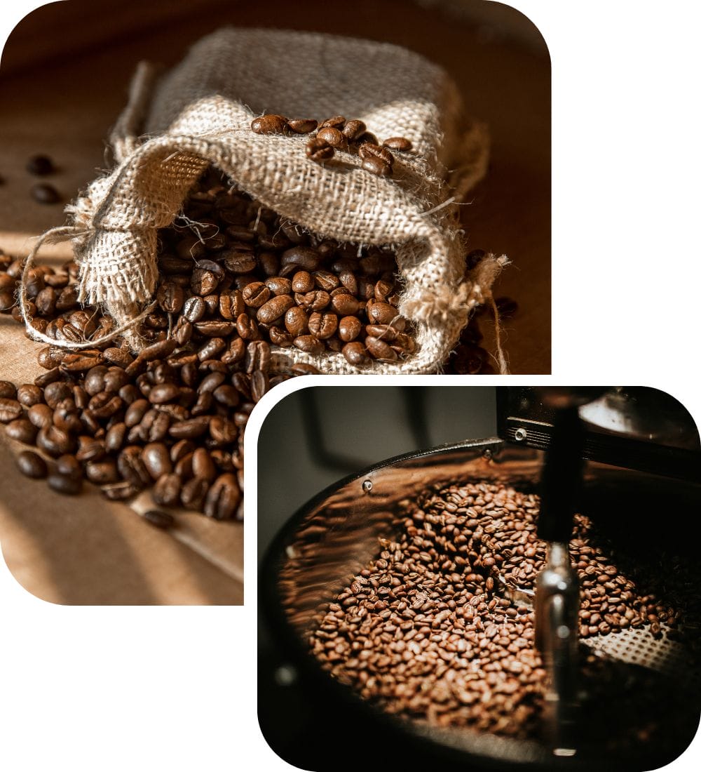 A burlap sack spilling roasted coffee beans onto a wooden surface. Below, a close-up of coffee beans being roasted in a metal drum. Both images highlight the rich, brown tones of the beans.