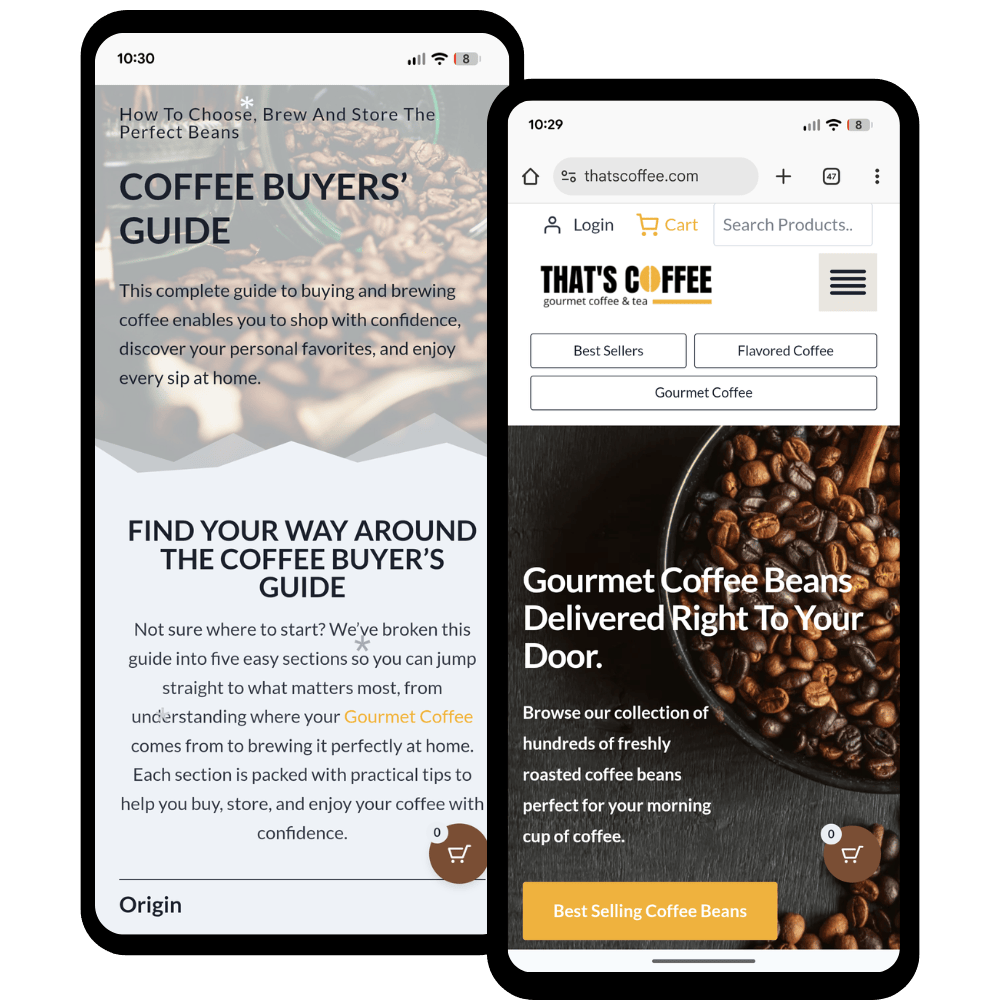 Two smartphone screens showcase That’s Coffee website design—one displays a coffee buyers’ guide, while the other features gourmet beans delivered to your door, complete with user-friendly navigation and a bold call-to-action button.