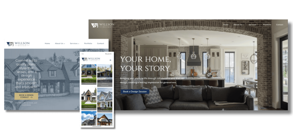 Screenshot of a website's homepage featuring a banner with a modern kitchen and living area, text “Your Home, Your Story,” and a “Book a Design Session” button. Two inset images show a house exterior and a mobile view of the site's portfolio.