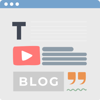 Illustration of a webpage mockup featuring a large letter "T," a play button icon, labeled text block reading "BLOG," quotation marks, and various lines suggesting text and multimedia content on a website.