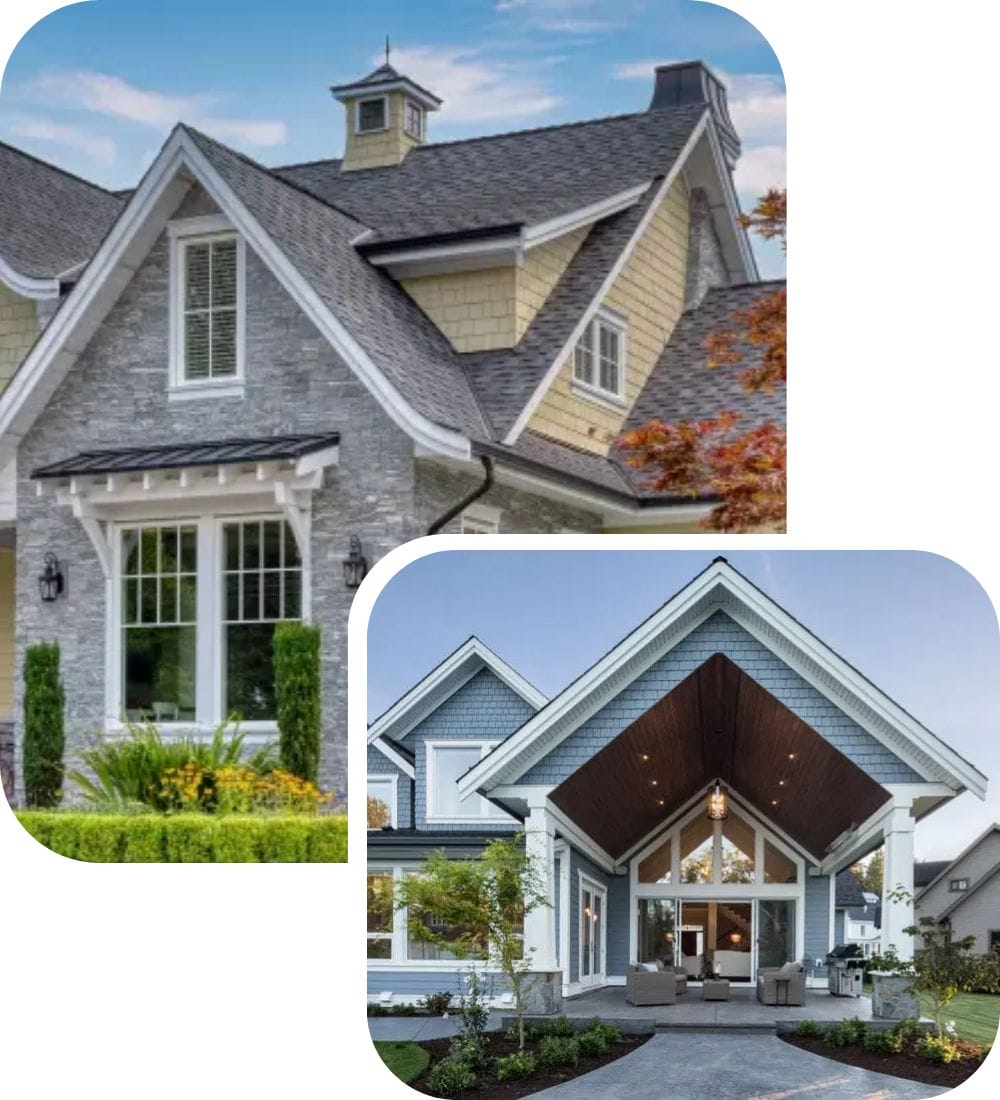 Two images of modern suburban homes. The first shows a gray stone house with dormer windows and manicured greenery. The second features a house with a large wooden porch, recessed lighting, and a spacious entrance.