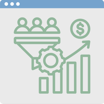 Illustration of a web page showing a funnel with people icons leading to a gear, symbolizing a conversion process. An upward arrow and dollar sign indicate growth, with a bar chart representing increasing metrics.