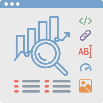 Illustration of a webpage with a magnifying glass over a bar graph, representing data analysis. Symbols for coding, linking, text size, and images are on the side, highlighting analytics and web design elements.