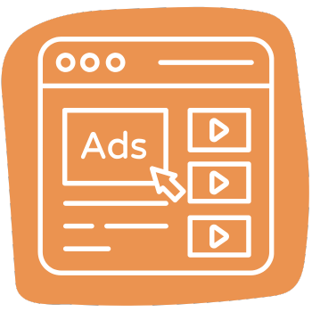 Illustration of a web browser window with the word "Ads" and a cursor pointing to it. On the right, there are three play buttons stacked vertically. The image is in simple white outlines on an orange background.