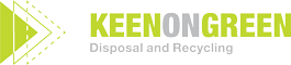 Logo for Keen on Green Disposal and Recycling. The design features three green triangles pointing right, with the text "KEEN ON GREEN" in bold green letters and "Disposal and Recycling" in smaller gray letters below.