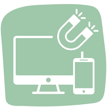 A green icon depicting a laptop and a smartphone connected by a cord, with a paintbrush symbolizing digital art or design tools.