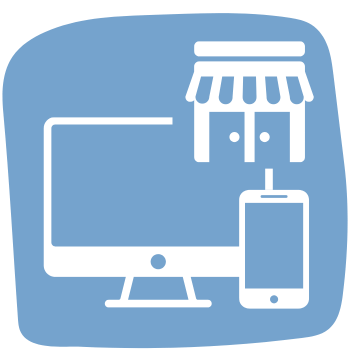 A blue shield icon with a white stylized figure wearing a tie in the upper half, symbolizing protection or security. Below is a computer and a smartphone, representing technology or digital security.