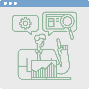 Illustration of a person interacting with digital elements: a graph, a magnifying glass, and a gear icon, symbolizing data analysis and technology. The person is depicted in a line art style, and the overall theme suggests business analytics.