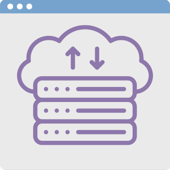 Icon of a cloud above a stack of three servers with arrows indicating upload and download, symbolizing cloud data storage or cloud computing technology.
