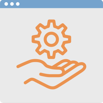 Illustration of an open hand with a gear above it, set against a gray background. The gear represents settings or technology, while the hand suggests offering support or service. The scene is depicted in a flat design style.